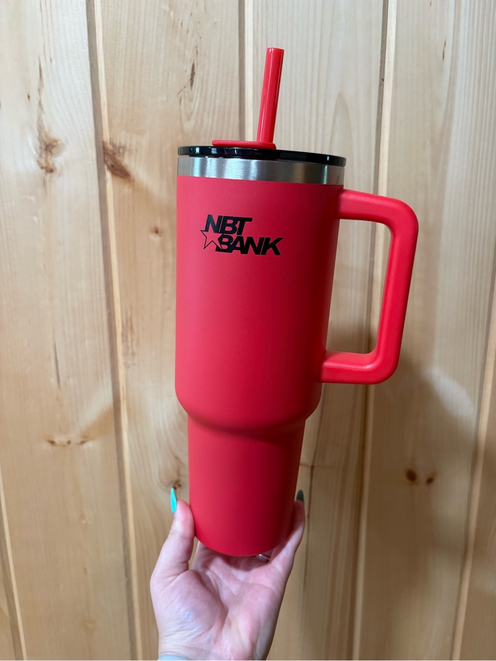 Red Insulated Travel Mug with Handle and Straw